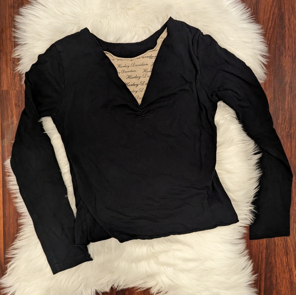 Harley Davidson V-neck Layered Long Sleeve T-shirt Black Tan